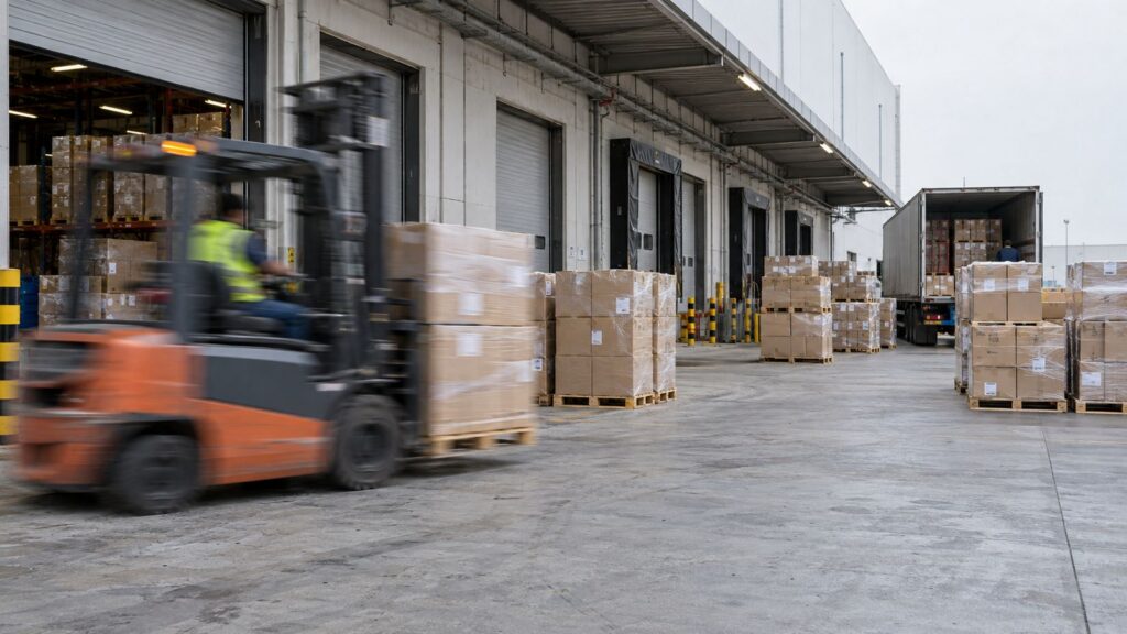 Forklift moving cartons past a row of loading bays at an industrial warehouse